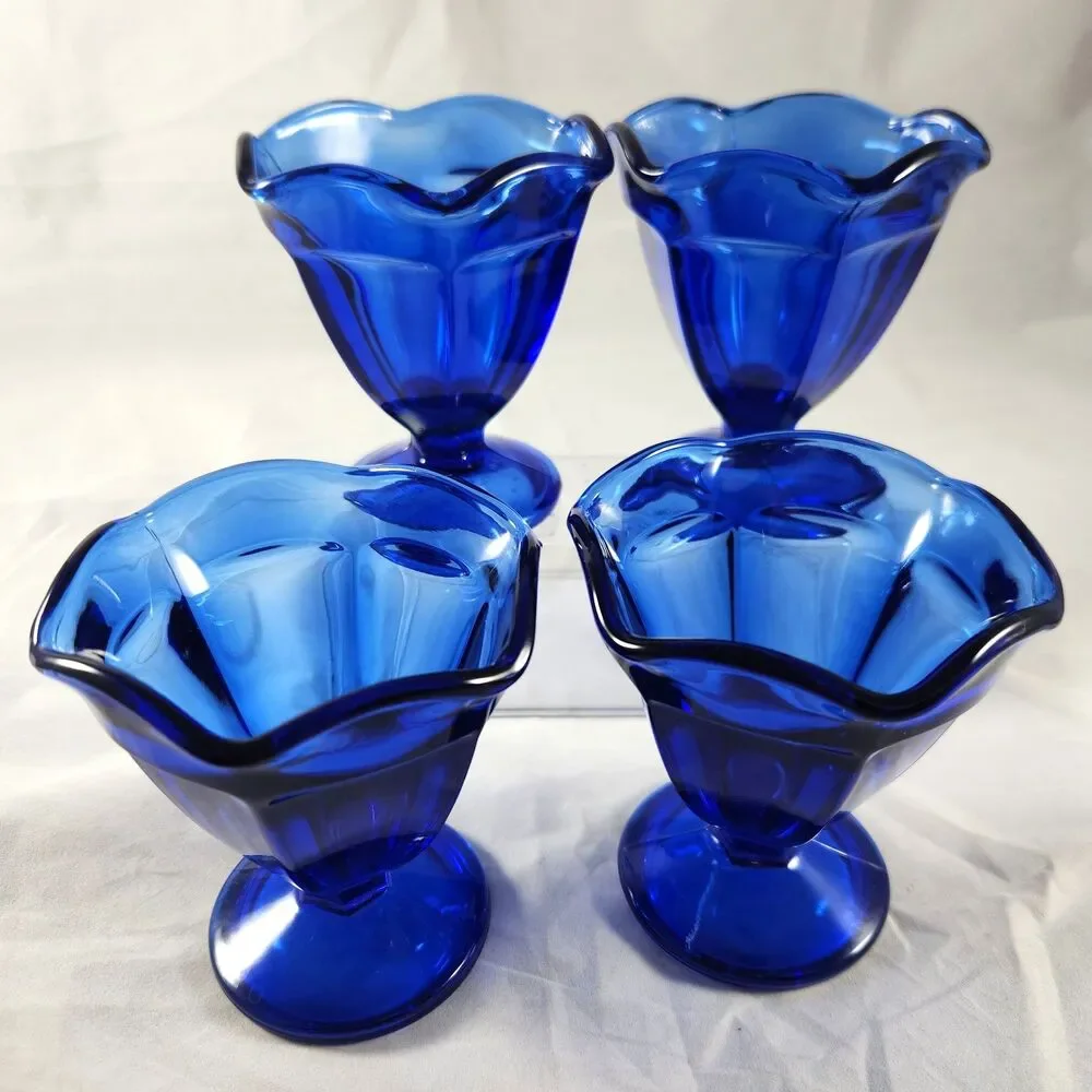 Set of 4 Anchor Hocking Cobalt Blue Glass Sherbert Dessert Ice Cream Dish Footed